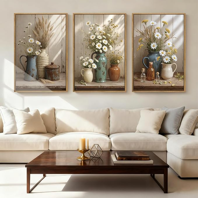 ANHUIB Vintage Wildflower Botanical Canvas Wall Art Framed Rustic Farmhouse Floral Pictures Wall Decor Country Daisy Painting 16x24 Inch Flower Set of 3 for Living Room Bedroom Office