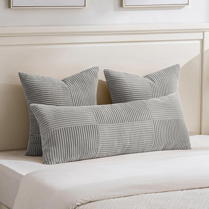 Fancy Homi Set of 2 Grey Boho Long Lumbar Body Decorative Throw Pillow Cover 14x36 Inch for Bed Couch Bedroom Bench, Soft Patchwork Corduroy Textured Pillow Case, Rustic Farmhouse Room Décor