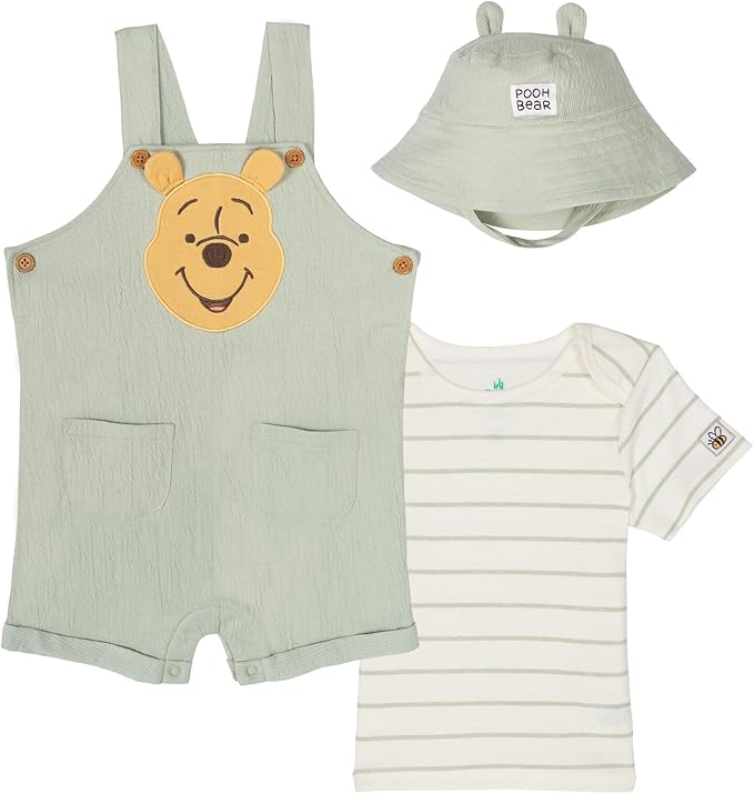 Disney Winnie the Pooh Baby Short Overalls, T-Shirt & Hat 3 Piece Outfit Set Newborn to Infant Sizes (0-24 Months)