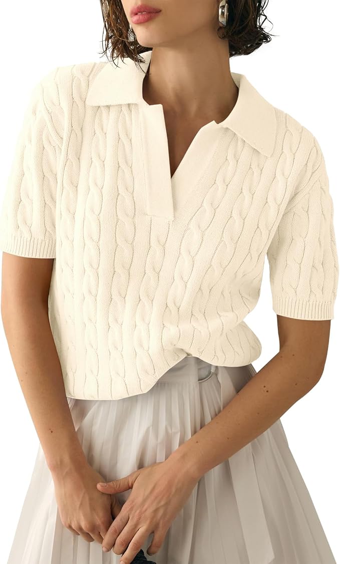 Imily Bela Womens Cable Short Sleeve Sweaters Tops Lapel V Neck Knit Shirt | Solid,Knit Casual,Soft Pullover,Fall Sweaters,Womens Summer Work Tops