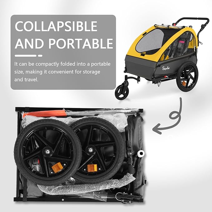 Sepnine Kids Bike Trailer, 2 in1 Canopy Carrier Converts to Stroller Suitable for 1 to 2 Kids, 12+ Months, Quick Attach to Bike, Foldable, with 5-Point Harness and Storage Bags