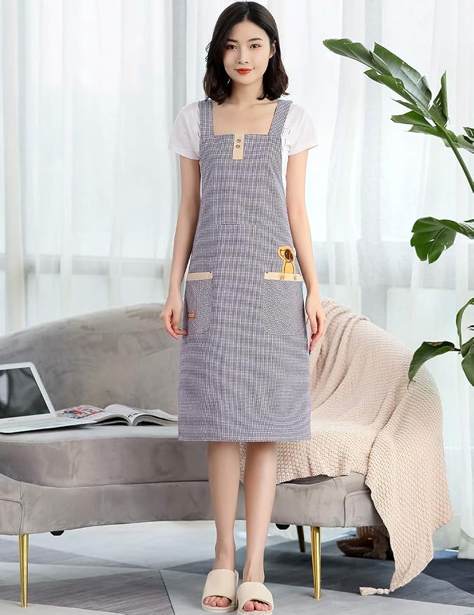 NEWGEM 100% Cotton Cute Gingham Apron with Pockets - Korean Style H-Back Pinafore for Florist, Housekeeping, Art Teacher (Purple Doggy)