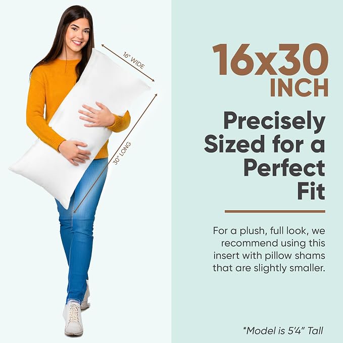 Pillowflex Synthetic Down Pillow Insert 16x30 in - Karate Chop Pillow | Large Rectangle Sham Form, Plush Polyester Cotton Blend, Cloud-Like Comfort, Clump-Resistant Fill, Smooth Elegant Finish