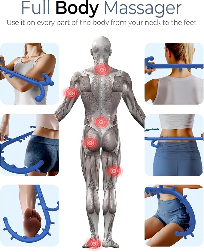 Back and Neck Massager for Pain Relief Deep Tissue, Upgraded Full Body Trigger Point Cane Massage Tools, Massage Stick Pressure Point Hook, Muscle Knot Remover Tool (Blue)