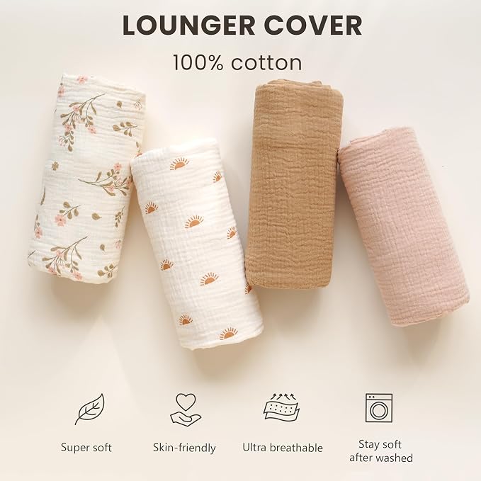 Konssy Muslin Baby Lounger Cover 2 Pack, 100% Cotton Newborn Lounger Cover, Soft and Breathable Baby Nest Slipcover for Boys Girls (Pink,Wheat)