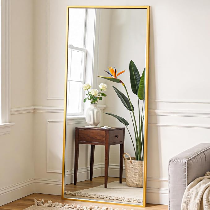OLIXIS 64"x21.5" Full Length Mirror with Stand, Body Mirror | Shatter-Proof Glass, Hanging or Leaning for Wall, Floor Standing, Bedroom Living Room, Long, Gold