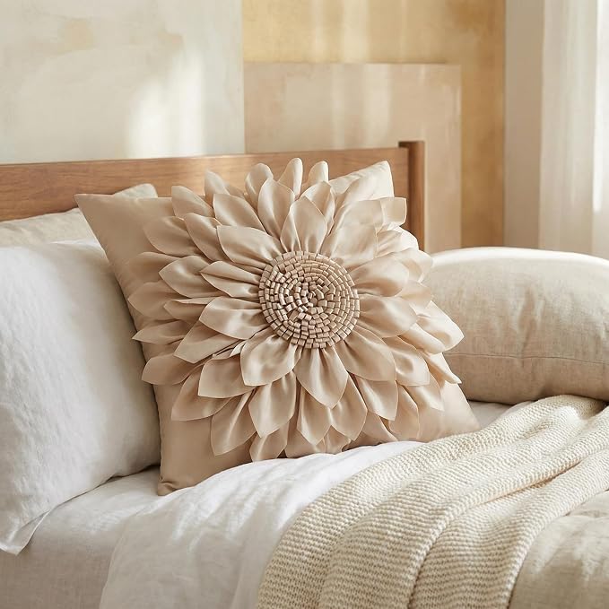 Beige Taupe Accent Flower Decorative Throw Pillow Covers for Bed Sofa Couch | Bella's Giftshop Handmade Sunflower Taffeta Pillow Cases Living Room Bedroom Decor, 18x18 Inch