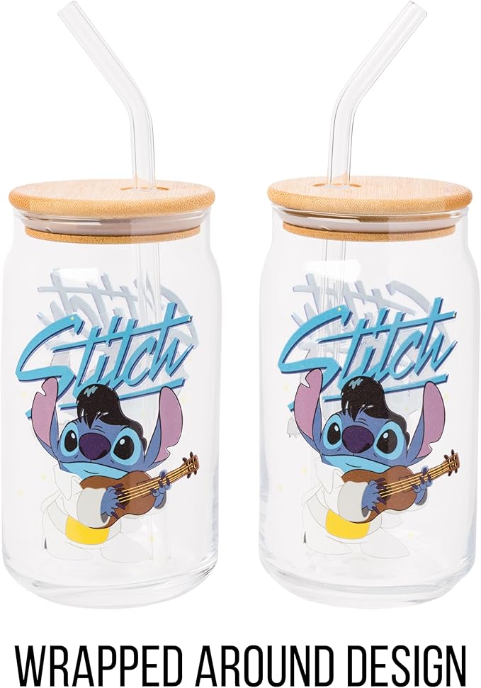 Silver Buffalo Disney Lilo and Stitch Glass Tumbler with Bamboo Lid and Glass Straw Featuring Stitch in an Elvis Costume, 16 Ounces