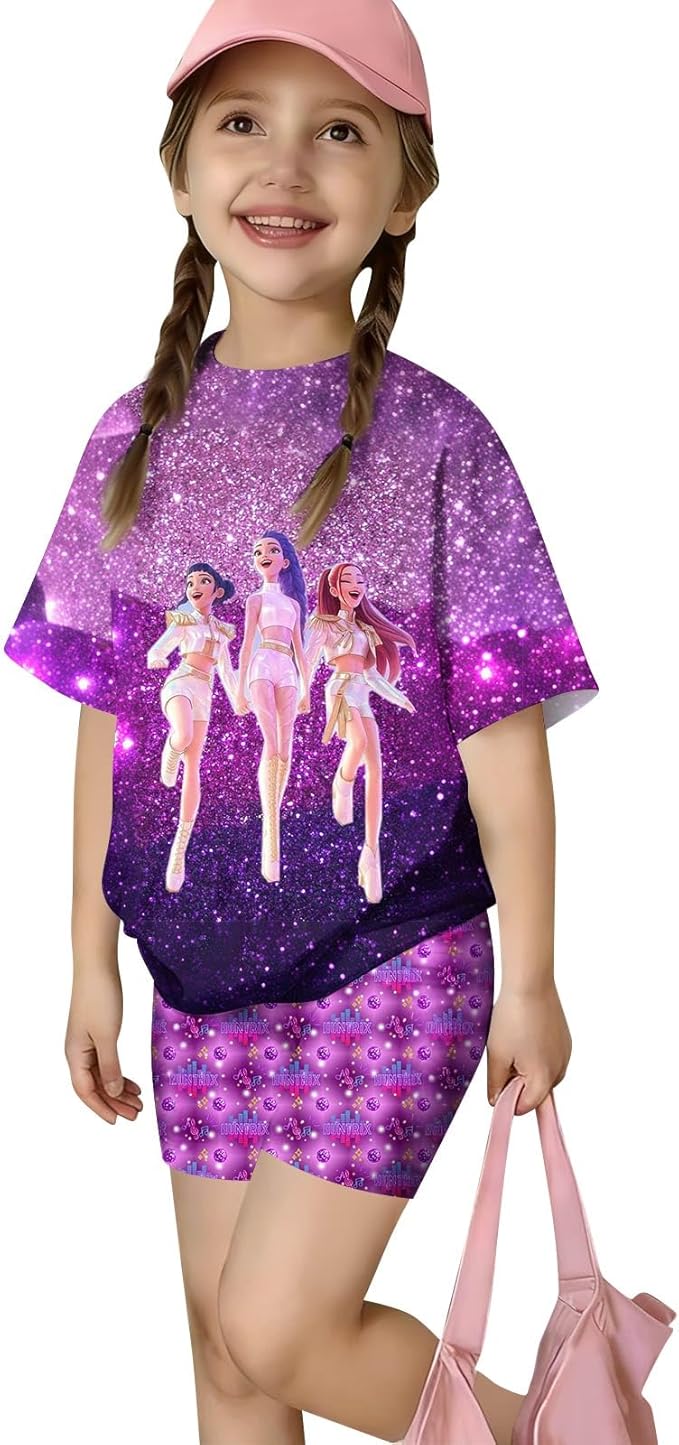 K-POP DEM0N Hunters Outfits for Girls, 2 Piece T-Shirts and Apparel Sets Birthday Gift