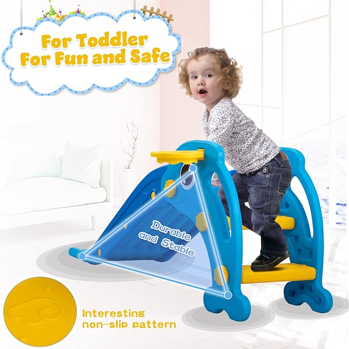 NYEEKOY 3 in 1 Toddler Slide, Baby Slide Plastic Climber Playset with Basketball Hoop and Ball, Indoor and Outdoor Playground for Kids