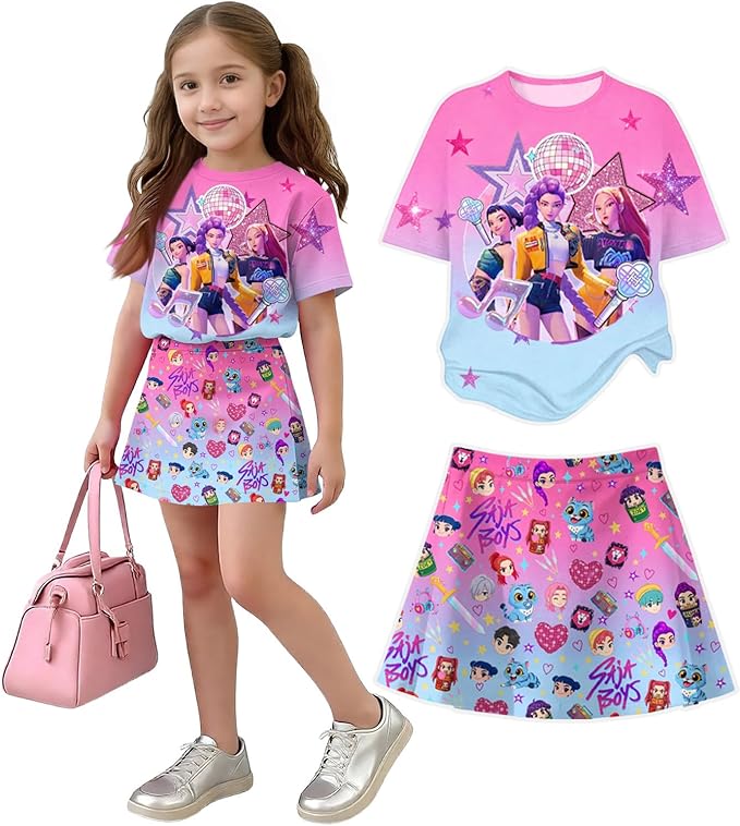 HTHLVMD K Pop Short Sleeve T-Shirt and Skirts Outfits Set for Girls Hunters Rumi Mira Zoey Graphic Tees De-Mon Costume