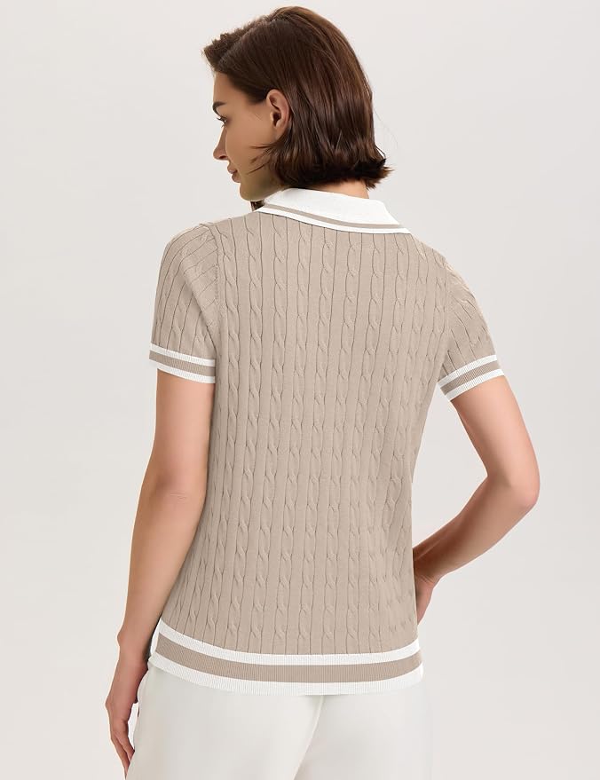 Micoson Womens Short Sleeve Sweater Tops Lapel V Neck Polo Shirts 2026 | Summer Cable Knit Loose Blouses, Business Casual Outfits