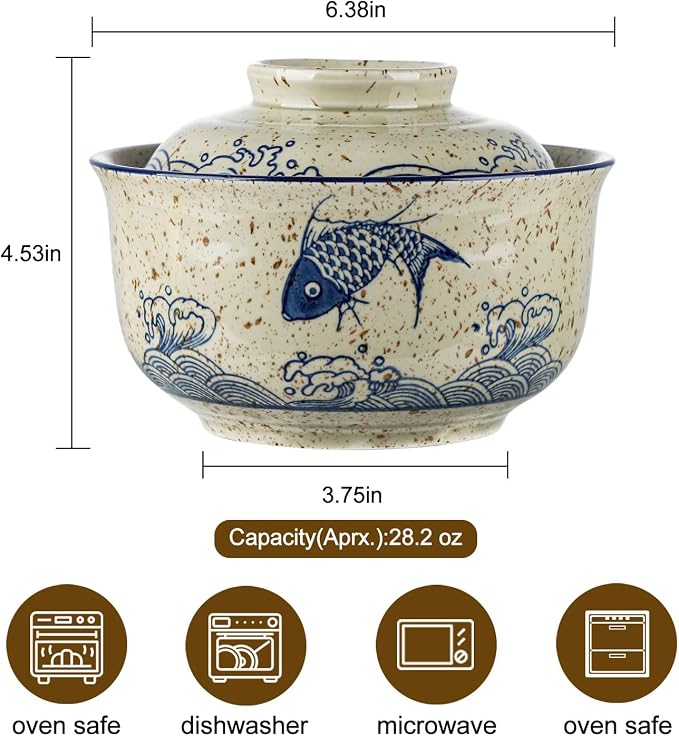 VanEnjoy Microwavable Ramen Bowl with Lid, 25 Oz Japanese Bowl Big Ceramic Japanese Soup Bowl with Lid, Korean Clay Pot - fish