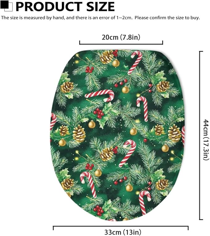 Christmas Candy Cane Toilet Seat Lid Cover for Bathroom Christmas Decorations Holly Toilet Lid Cover with Elastic Band Elongated Universal Toilet Tank Cover Replacement Toilet Bathroom Cover