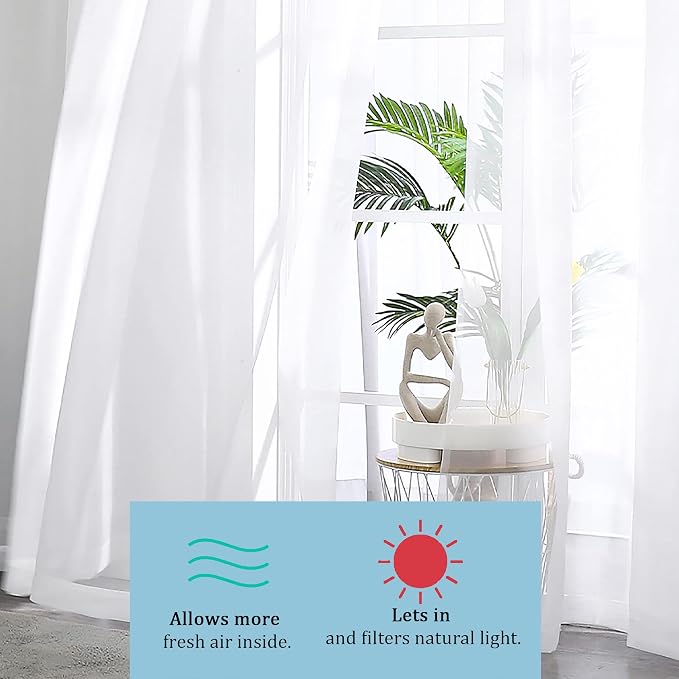 OWENIE Sheer White Curtains, Sheer Curtains 63 inch Length 2 Panels Set, Rod Pocket Voile Fimly Sheer Drapes for Living Room/Bedroom, 2pcs, Each 59" W x 63" L