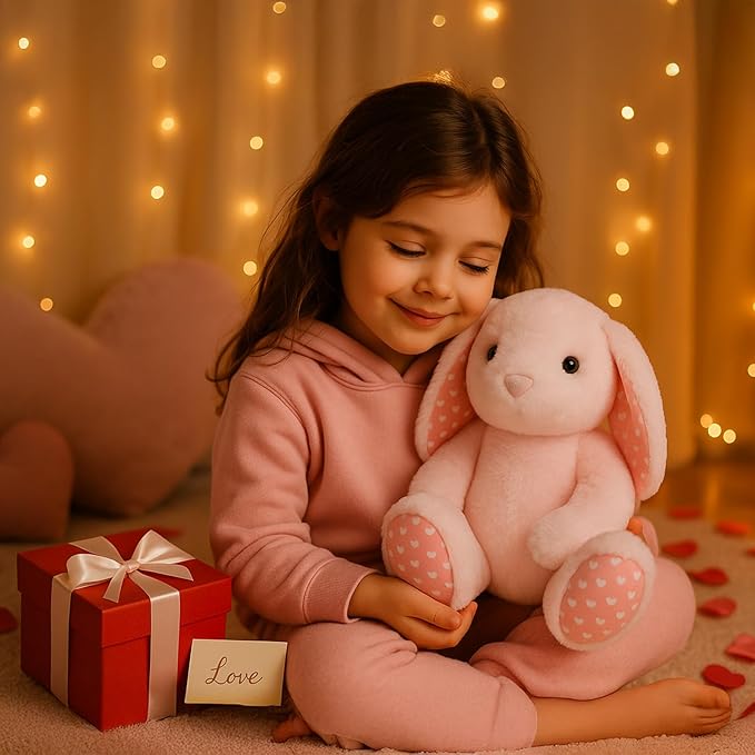 Pink Rabbit Bunny Stuffed Animal Plush Toys with Floppy Ears & Heart Print for Lover, Kids, Boys, Girls, Babies - Perfect Birthday Nursery Décor Easter Christmas Bedtime Gift