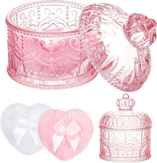 Tioncy 3 Pcs Large Body Powder Puff and Container Valentine's Day gift Powder Container with Puff Crystal Case Soft Washable Reusable Velour Face Body Glitter Wet Dry Makeup(Crown,Pink,)