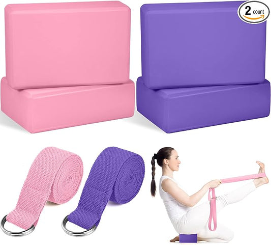 Jexine 6 Pcs Yoga Block and Strap Set 4 Pcs 9 x 6 x 3 Inches EVA Foam Pilates Block 2 Pcs Cotton Yoga Strap for Beginners Experienced Pilates Fitness Stretching