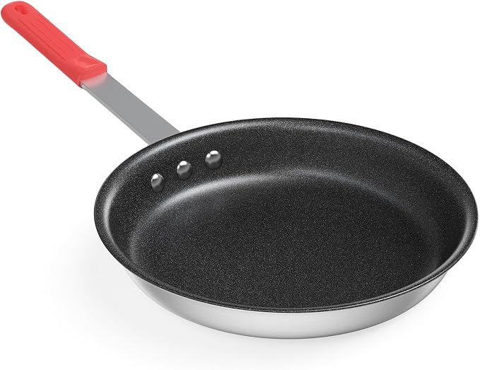 DUMOS 10 Inch Nonstick Frying Pan, Heavy-Gauge Aluminum Skillet with Ceramic Nonstick Coating, Stainless Steel Base & Handle, Omelet Pan for Induction, Electric, Gas, PFAS Free, Oven Safe, Red Handle