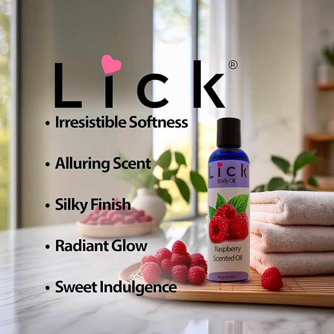 LICK Raspberry Fruit Scented Body Oil – Lightweight Daily Moisturizer with Almond Oil & Vitamin E – 4 oz