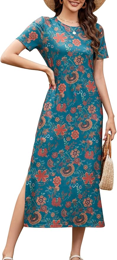 Naggoo Women's Casual T Shirt Midi Dress with Side Slit and Pockets