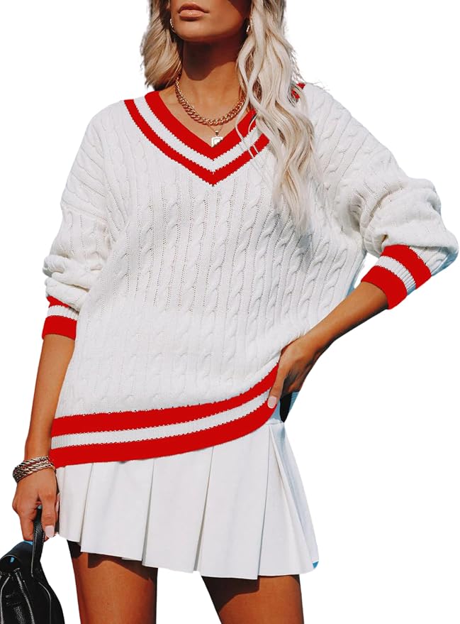 InterNos Women's Casual V Neck Long Sleeve Sweater Trendy Striped Pullover Cable Knit Preppy Sweaters