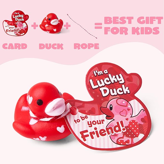 JOYIN 24 Pcs Valentine’s Day Mini Rubber Duck 1.2 Inches with Gift Cards, Small Rubber Duckies with Duck Card Tags, Rubber Duck Bath Toys for Classroom Exchange Prizes, Valentine Party Favors Toys