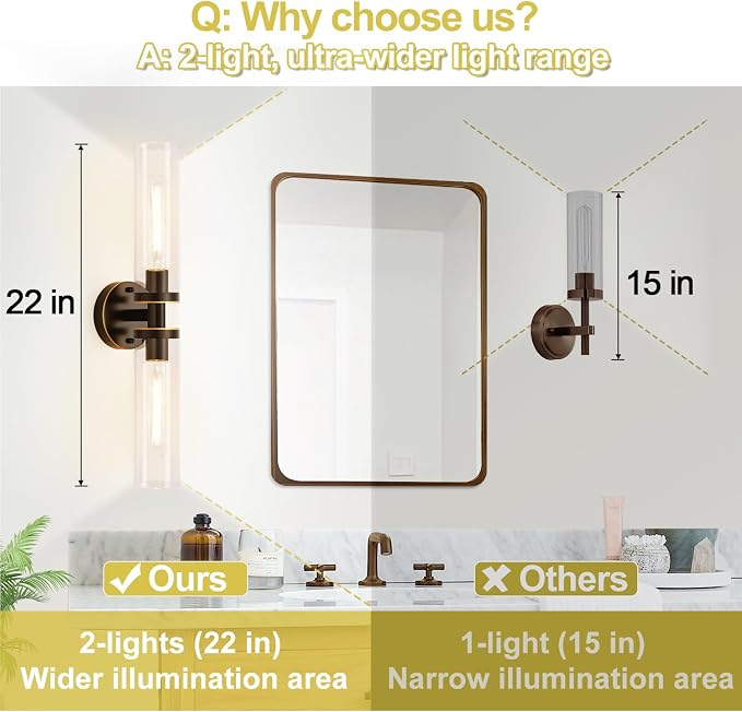 Indoi Wall Sconces Set of Two, Hardwired Brown Bathroom Sconces Wall Lighting with Clear Glass, Modern Sconces Wall Decor Set of 2 Bathroom Light fixtures for Mirror Hallway (Bulbs Not Included)