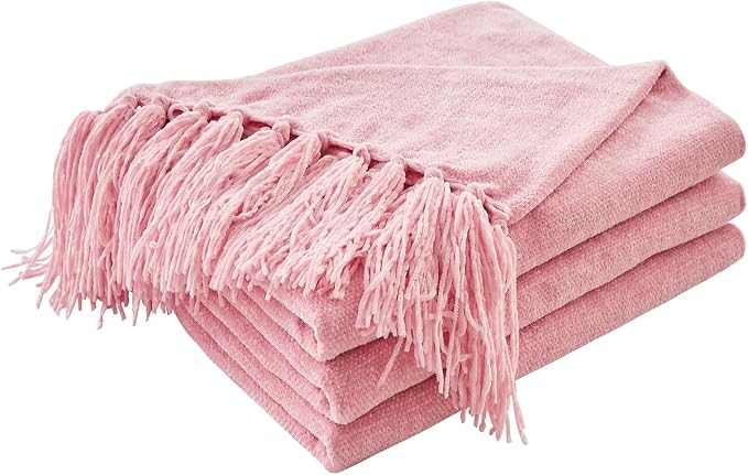 CozeCube Chenille Throw Blanket, Pink Fringe Blanket, 60"X80" | For Couch, Cozy Plush Fuzzy Decorative Blanket with Fringe Tassels, Lightweight Throws for Bed Sofa Gift Home Decor