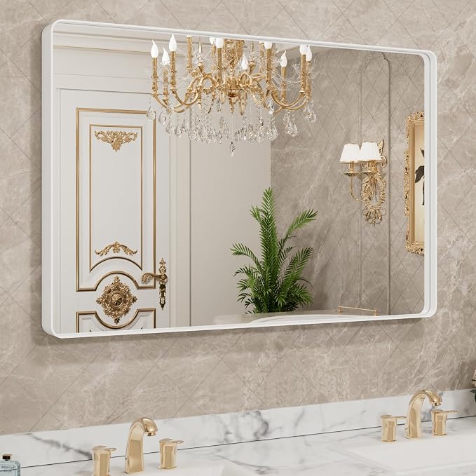 LOAAO 48x36 Inch White Metal Framed Bathroom Mirror | Rounded Rectangle, Anti-Rust, Tempered Glass, Hangs Horizontally or Vertically