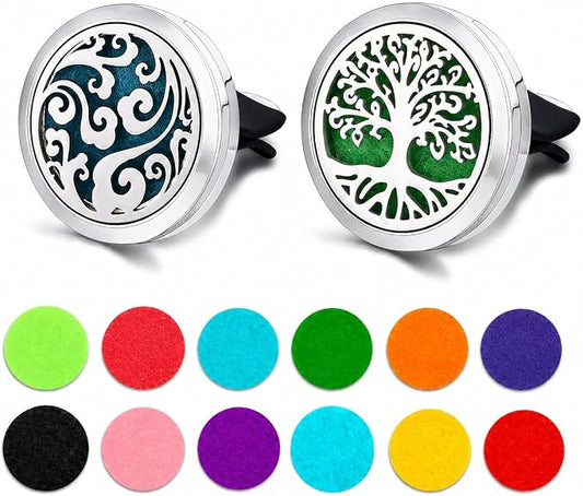 2 Pack Car Vent Essential Oil Diffuser Clips, Silver Tree of Life Air Freshener Vent Clips with 30 Colorful Felt Pads, Reusable Metal Car Aroma Diffuser for Essential Oils, Perfume