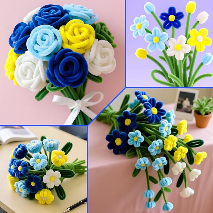 ASTARON 521 Pcs Pipe Cleaners Craft Set, 5 Colors Pipe Cleaners Bulk Pastel Chenille Stems for Craft Pipe Cleaner Flowers Making Kit with Floral Wires, Gardening Tape (Blue Yellow Series)