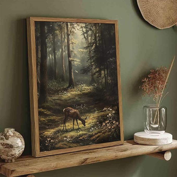 Framed Vintage Forest Deer Canvas Wall Art, Rustic Nature Landscape Paintings Wall Decor, Woodland Animal Pictures Prints Cottagecore Home Decor for Living Room Bedroom Office 8x10inch