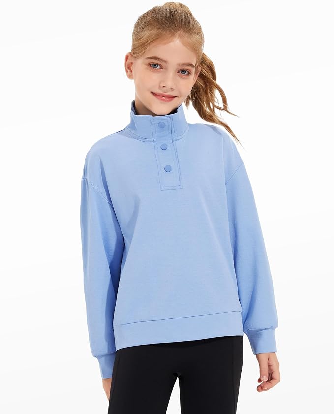 Girls Long Sleeve Collared Shirt Button Down Mock Neck Sweatshirt Athletic Cycling Clothing for Kids 5-14Years