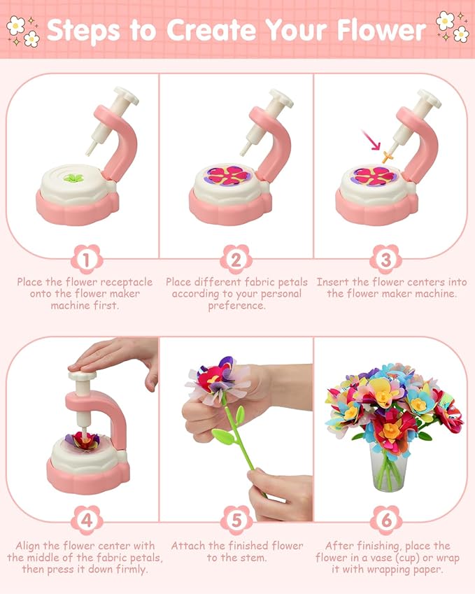 Givzan Fabric Flower Crafts Toy – DIY Art Kit for Kids, Build Your Own Bouquet with Colorful Flowers, Creative Arts & Crafts for 4 5 6 7 8 Year Old Girl, Educational Birthday Gift