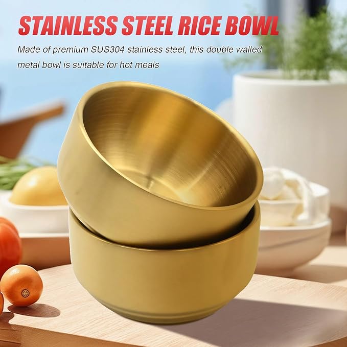 Stainless Steel Rice Bowl with Lid, Set of 2, for Korean Kitchen Restaurant, Double-walled Metal Bowls, Multi-Purpose Insulated Soup Bowls Snacks Bowls (11.5cm Gold)