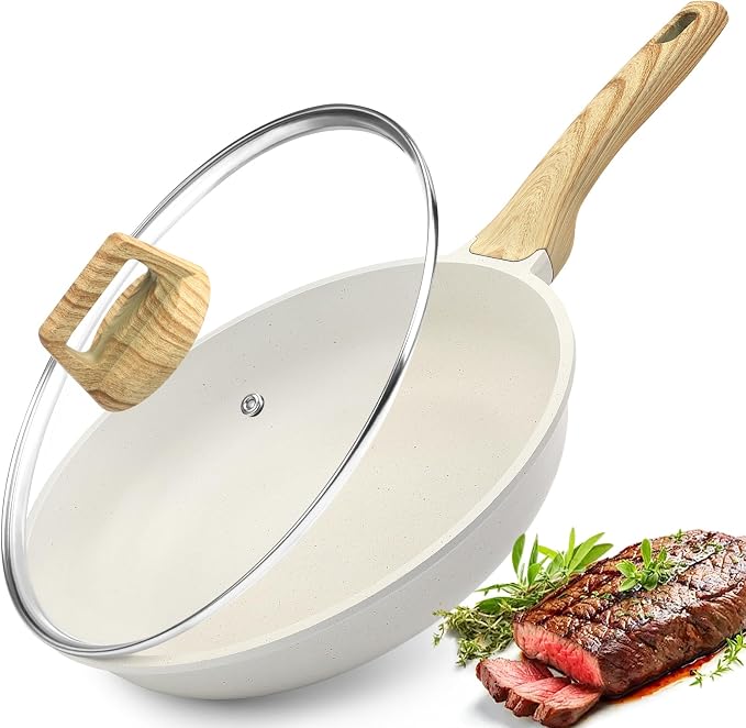 GiPP Nonstick Frying Pan Skillet with Lid - 9.5" White Granite Non Stick Pans, Omelette Pan with Heat-Resistant Handle, Compatible with All Stovetops, PFOA Free