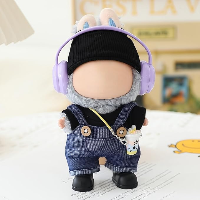 Clothes for Dolls Accessories, Stylish Kawaii Overalls Outfit Headphones Set 6 Pieces Suitable for 15cm 17cm Doll , Doll Hat Headset Boots Clothing Set Replacement