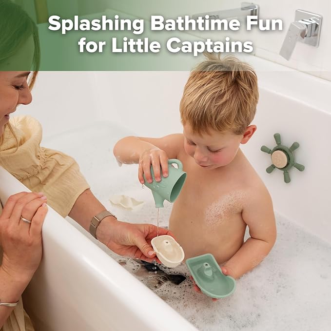 Haakaa Nautical Silicone Baby Bath Toys Set, Food Grade Silicone Bathtub Toys for Toddlers, Mold-Free Stacking Boats & Spinner Toy & Pouring Cup, BPA Free Floating Tub Toys for Baby 6M+