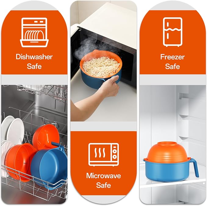 MEACOLIA Jumbo 50 oz Microwave Ramen Cooker Bowl | with Lid & Drain Strainer, Spill-Free, Rapid Noodle Pasta Cooker, College Dorm Essentials for Girls Guys, Apartment Friendly