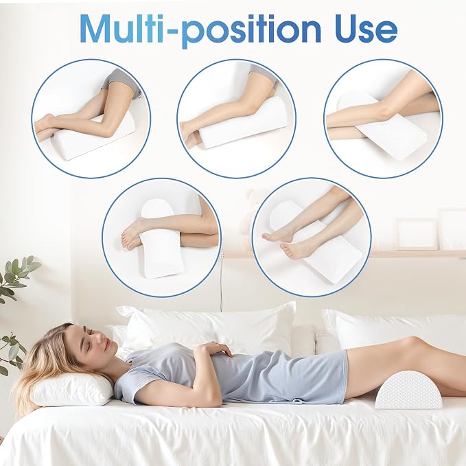 TranquilRelax Knee Pillow for Back Sleeping Memory Foam Half Moon Bolster Pillow for Legs, Under Knee Support, Ankle & Foot Comfort Orthopedic Pillow for Side Sleepers (White, 20.4" x 8" x 4.9")