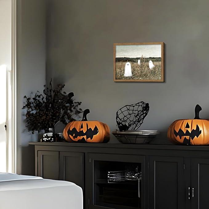 Framed Vintage Halloween Wall Art, Cute Ghost Meadow Painting, Rustic Landscape Canvas Halloween Wall Decor, Aesthetic Spooky Ghost Wall Art for Living Room Bedroom Bathroom 12x16 inch
