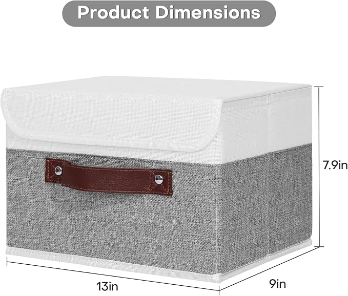 ANMINY Fabric Storage Box Bins with Lids, Gray White, 13"x9"x7.9" | Keepsake Memory Storage, Cotton Linen, PP Board Reinforced, Washable, PU Handles, Foldable & Stackable, Decorative, Medium