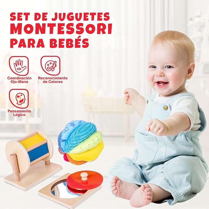 Montessori Baby Toys Play Kit - Mirror, Peekaboo, Knob Puzzle, Spinning Drum, Rainbow Ball - 6-12 Months Toddlers