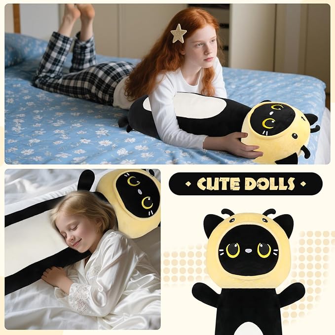 22 inch Bee Black Cat Long Plush Body Pillow Toy, Kitten Plushies with Stuffy Honeybee Oufit Big Stuffed Animals Gfit for Kids Boys Girls, Birthday