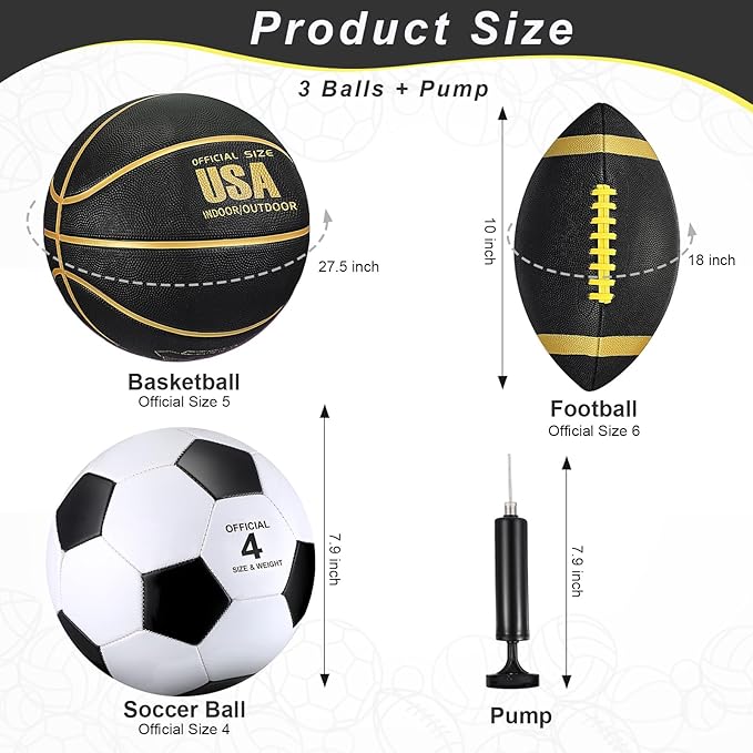 Libima 3 Pcs Sports Ball Set for Kids Teens Include Official Size 5 Basketball 4 Soccer 6 Football with Pump and Carry Bag Training Practice Sport Gift for Kids Teens Back to School