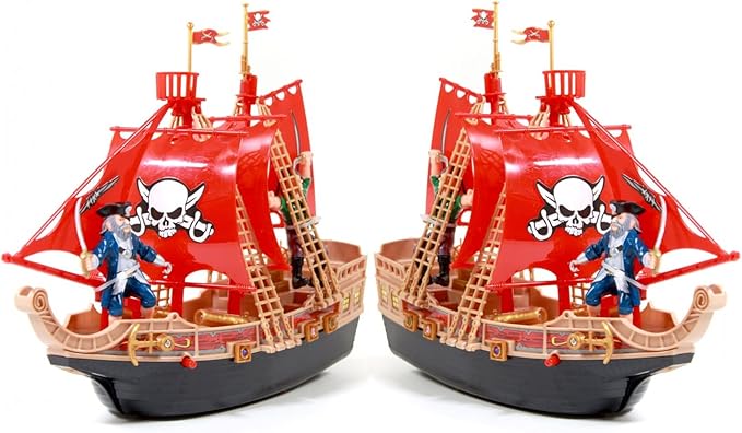2-Pack Toy Pirate Ship Boat Adventure Playset with Lights Sounds Action Figures, Red, Boys, Ages 3+