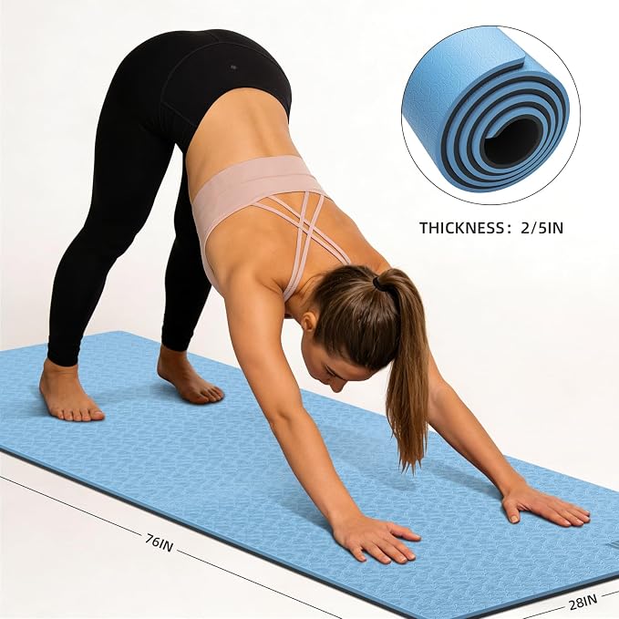 10mm0.4"TPE Yoga Mat Thick Wide Large for Home Workout Carrying Strap | Non Slip Exercise Mats Cushioned Joint-Friendly Stable,76"x28"Extra long Tapis Entrainement Au Sol Fitness,Pilates Gym Travel