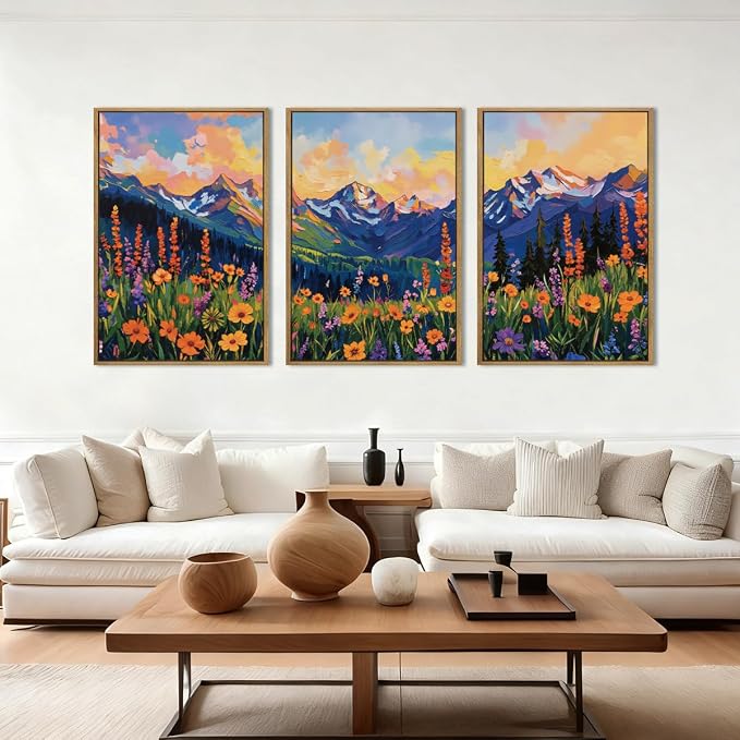 ANHUIB Colorful Wildflower Wall Art Boho Mountain Wall Decor Nature Floral Art Print 16x24 Inch Set of 3 for Living Room Bedroom Dining Room