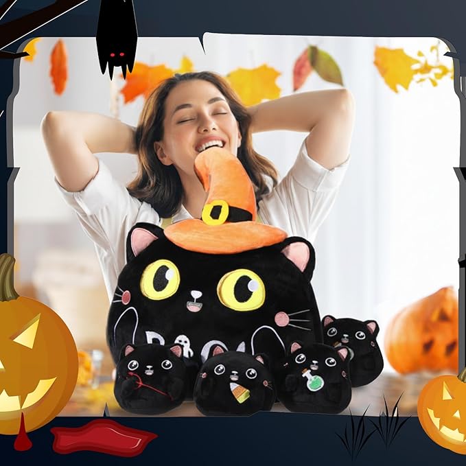 Syhood 5 Pcs Halloween Stuffed Animal Cute Black Cat Plush with 4 Babies Inside Halloween Plush Toy with Witch Hat Boo Black Cat Pillow for Party Favors Supplies Gifts Home Decor